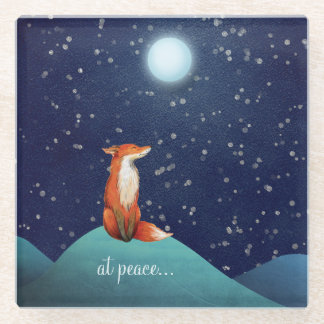 at peace ~ Charming Fox Sitting Under a Full Moon Glass Coaster