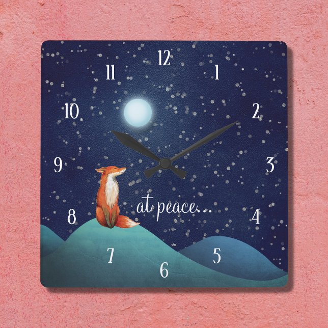 at peace - Charming Fox Sitting Under a Full Moon Square Wall Clock (Creator Uploaded)