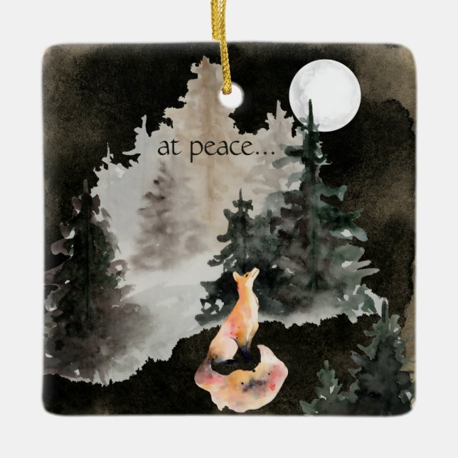 at peace ~ Fox and Full Moon Woodland Ceramic Ornament (Front)