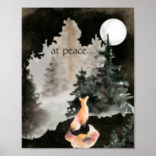 at peace ~ Fox and Full Moon Woodland Poster
