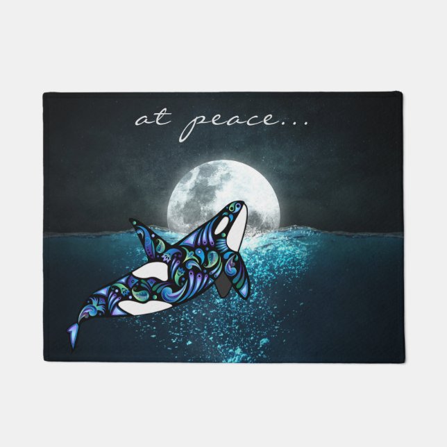 at peace ~ Full Moon Psychedelic Trippy Orca Whale Doormat (Front)