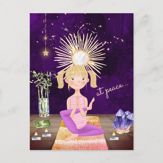 At Peace Meditating Blonde Yoga Girl and Crystals Postcard (Front)