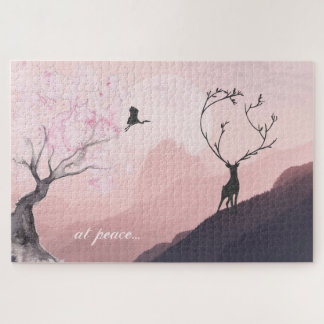 at peace, Pink Sunrise Spring Mountain Scene Japan Jigsaw Puzzle