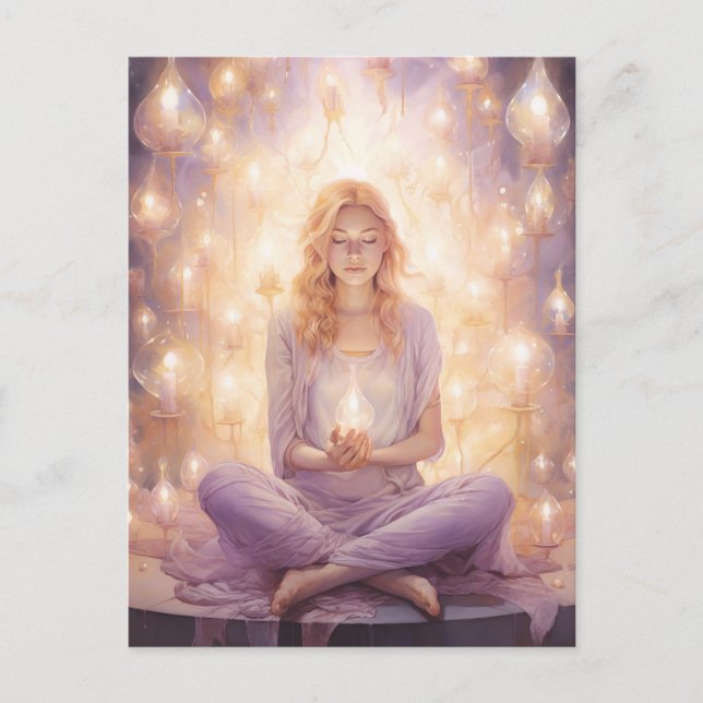 At Peace Pretty Meditating Yoga Girl Purple Gold Postcard (Front)