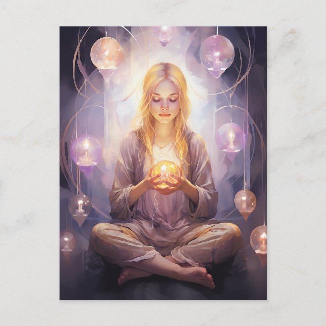 At Peace Pretty Meditating Yoga Girl Purple Gold Postcard (Front)