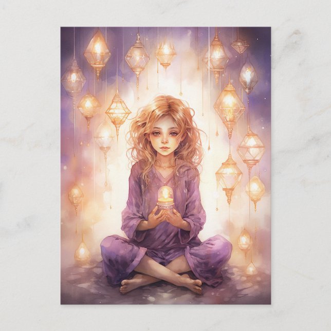 At Peace Pretty Meditating Yoga Girl Purple Gold Postcard (Front)