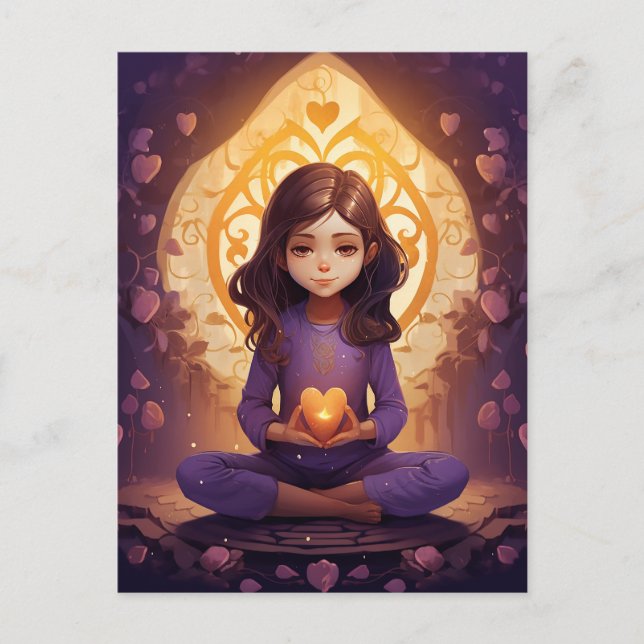 At Peace Pretty Meditating Yoga Girl Purple Hearts Postcard (Front)