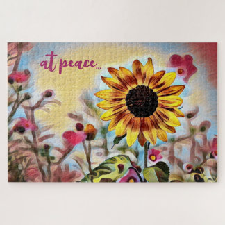 at peace Pretty Yellow Sunflower and Pink Flowers Jigsaw Puzzle