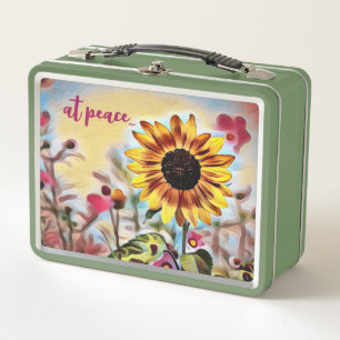 at peace Pretty Yellow Sunflower and Pink Flowers Metal Lunch Box
