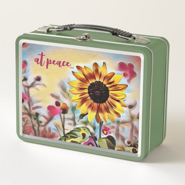 at peace Pretty Yellow Sunflower and Pink Flowers Metal Lunch Box (Front)