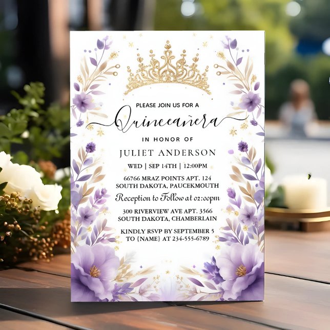 At Royal Gold Tiara Lilac Light Purple Quinceanera Invitation (Creator Uploaded)