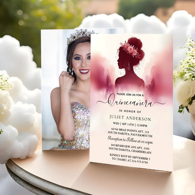 At Silver Plum Lace Gown Boho Burgundy Quinceanera Invitation (Creator Uploaded)