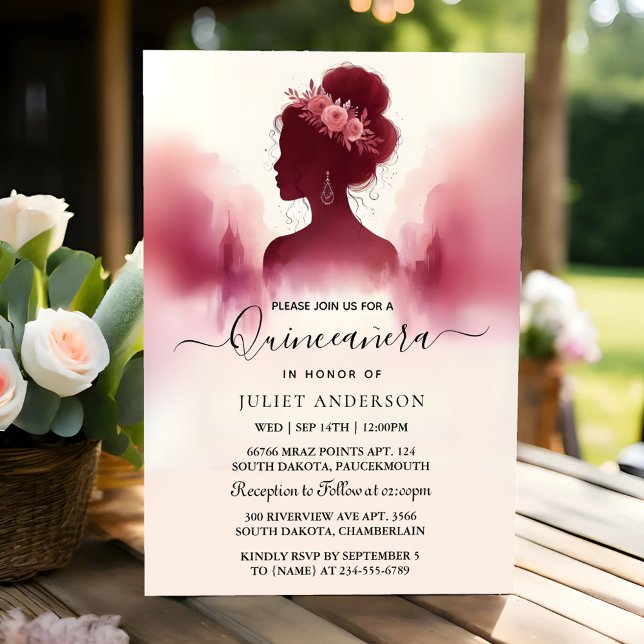 At Silver Plum Lace Gown Boho Burgundy Quinceanera Invitation (Creator Uploaded)