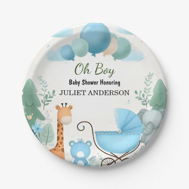 At Soft Boho Bear Blue Cub Welcome Baby Boy Shower Paper Plate (Front)