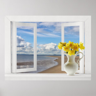 At the Beach -- Open Window View with Daffodils Poster