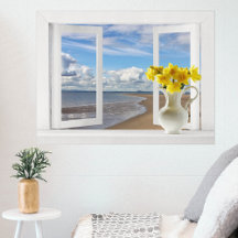 At the Beach -- Open Window View with Daffodils