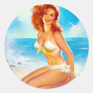 At the Beach Pin Up Classic Round Sticker