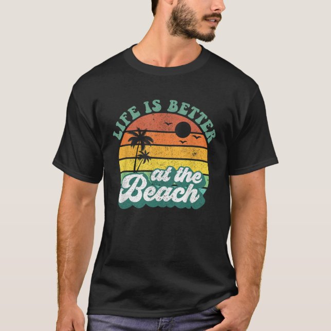 At The Beach Tropical Retro Sunset Palm Trees T-Shirt (Front)