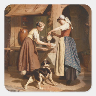 At the Dairy, 1866 (oil on panel) Square Sticker
