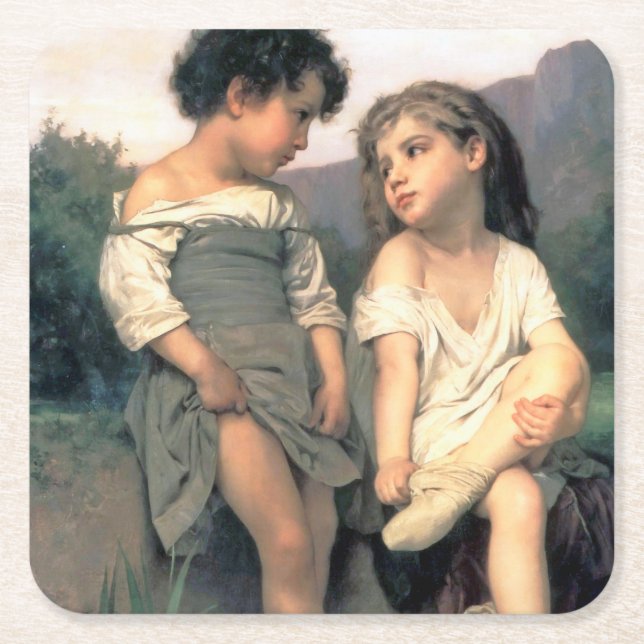 At the Edge of the Brook, Bouguereau Square Paper Coaster (Front)