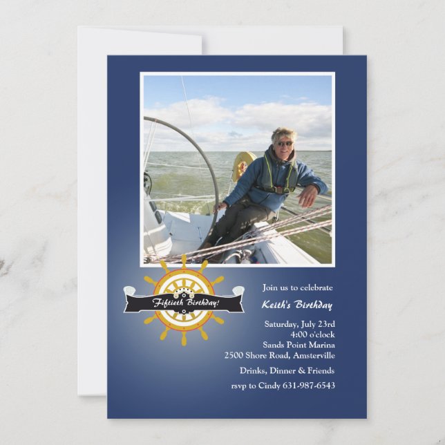 At the Helm (Navy) Nautical Photo Invitation (Front)