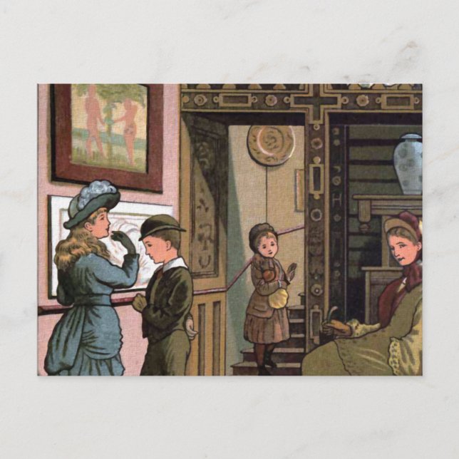 "At the Museum" Vintage Illustration Postcard (Front)