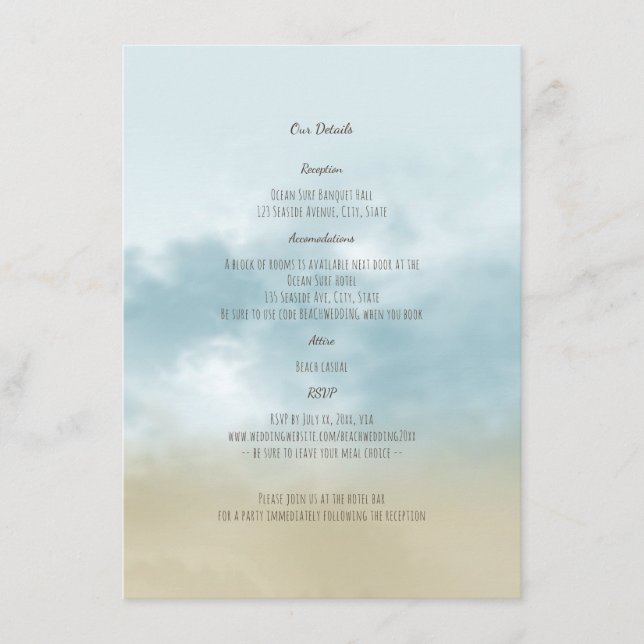 At the shore ocean surf beach wedding details enclosure card (Front)