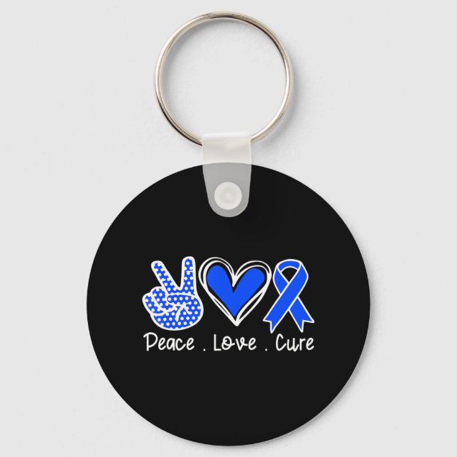 Ataxia Awareness Month Blue Ribbon Peace Love Cure Key Ring (Front)