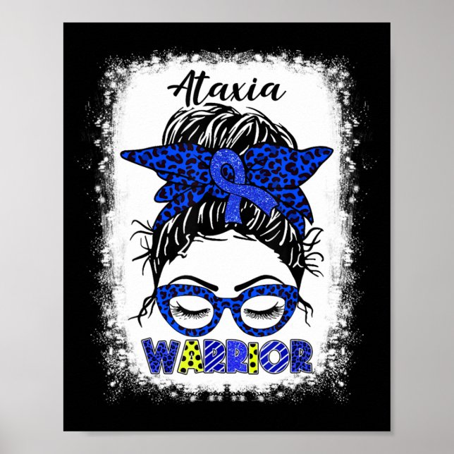Ataxia Warrior Messy Bun Blue Ribbon Women Ataxia  Poster (Front)