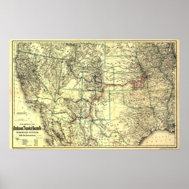 Atchison Topeka & Sante Fe Railroad MAP 1883 WEST Poster (Front)