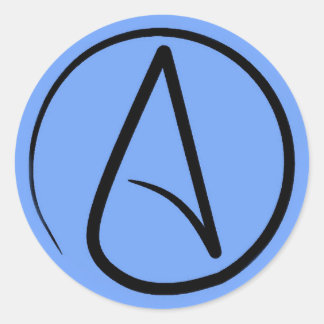 Atheist symbol: black on light blue classic round sticker