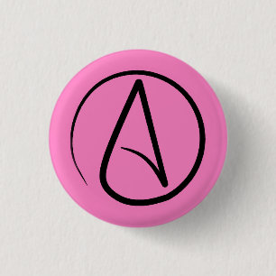 Atheist symbol: black on light pink 3 cm round badge