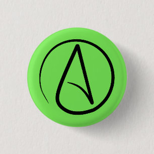 Atheist symbol: black on lime green 3 cm round badge