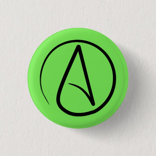Atheist symbol: black on lime green 3 cm round badge (Front)