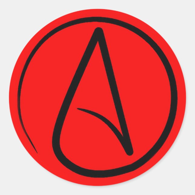 Atheist symbol: black on red classic round sticker (Front)