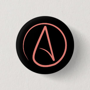 Atheist symbol: coral on black 3 cm round badge
