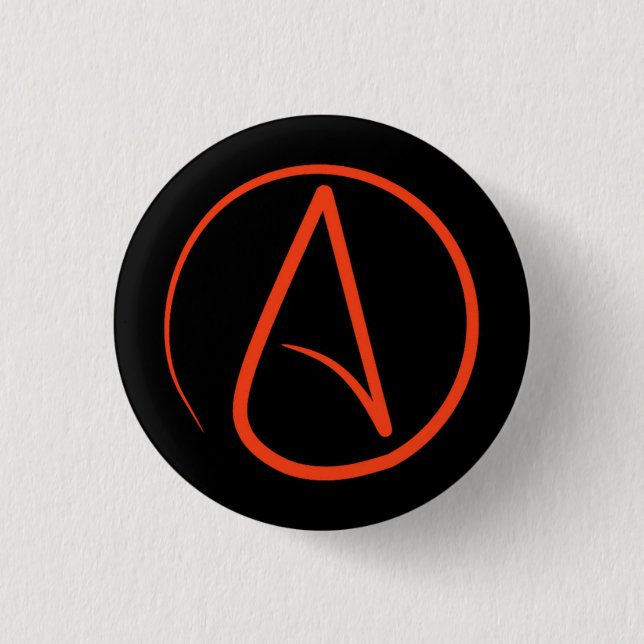 Atheist symbol: orange on black 3 cm round badge (Front)