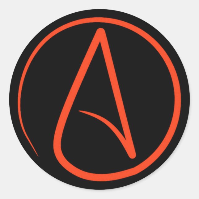 Atheist symbol: orange on black classic round sticker (Front)