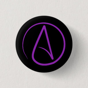 Atheist symbol: purple on black 3 cm round badge