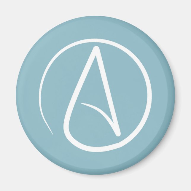 Atheist symbol: white on grey-blue magnet (Front)
