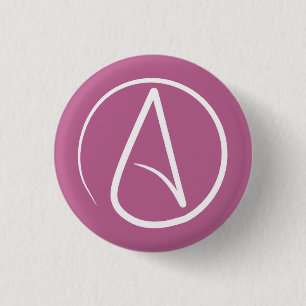 Atheist symbol: white on mauve pink 3 cm round badge