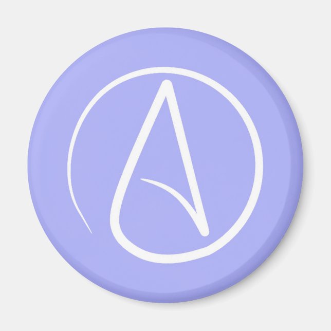 Atheist symbol: white on periwinkle magnet (Front)
