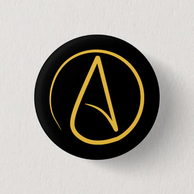 Atheist symbol: yellow on black 3 cm round badge (Front)