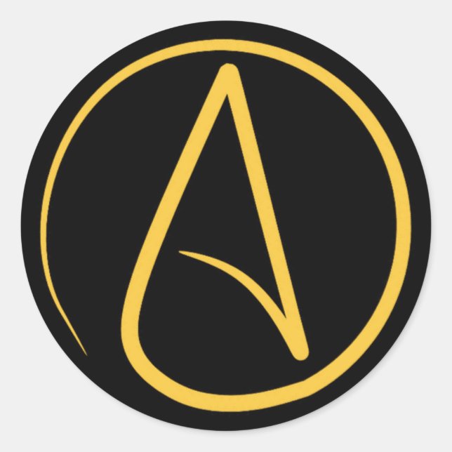 Atheist symbol: yellow on black classic round sticker (Front)