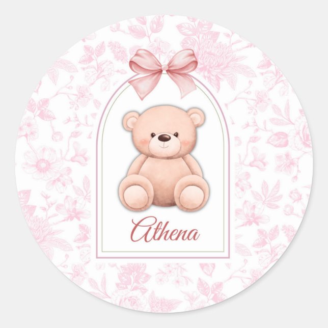 Athena | Custom Pink Teddy Bear Nursery Design  Classic Round Sticker (Front)