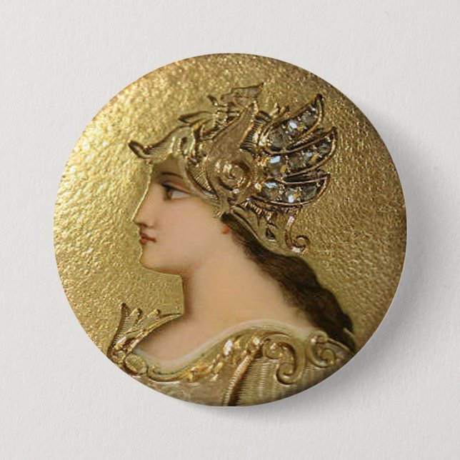 ATHENA PORTRAIT WITH GOLDEN HELMET AND GRYPHONS 7.5 CM ROUND BADGE (Front)