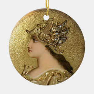 ATHENA PORTRAIT WITH GOLDEN HELMET AND GRYPHONS CERAMIC TREE DECORATION