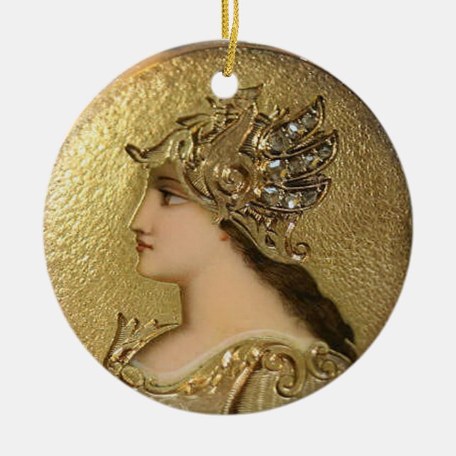 ATHENA PORTRAIT WITH GOLDEN HELMET AND GRYPHONS CERAMIC TREE DECORATION (Front)