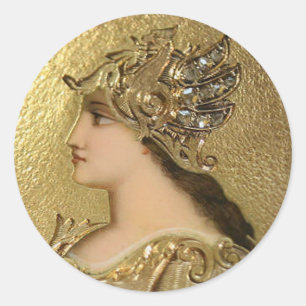 ATHENA PORTRAIT WITH GOLDEN HELMET AND GRYPHONS CLASSIC ROUND STICKER
