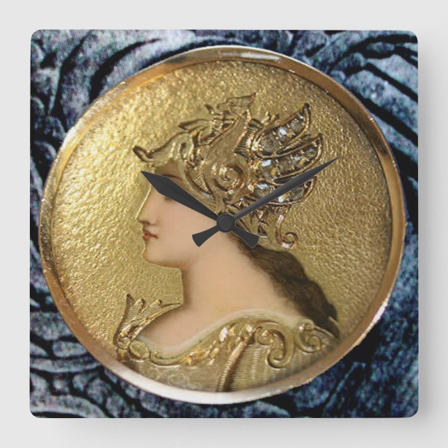 ATHENA PORTRAIT WITH GOLDEN HELMET AND GRYPHONS SQUARE WALL CLOCK (Front)